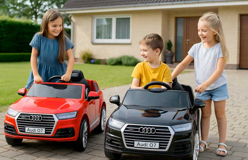Dzieci bawią się samochodzikami elektrycznym Audi Q7– propozycja auta na akumulator dla 10-latka
