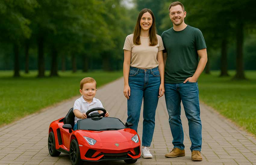 Dziecko w czerwonym Lamborghini na akumulator, idealny prezent motoryzacyjny dla najmłodszych