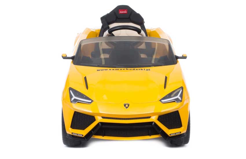 Żółty samochodzik Lamborghini na akumulator dla dzieci, auto elektryczne z pasami bezpieczeństwa i efektami dźwiękowymi