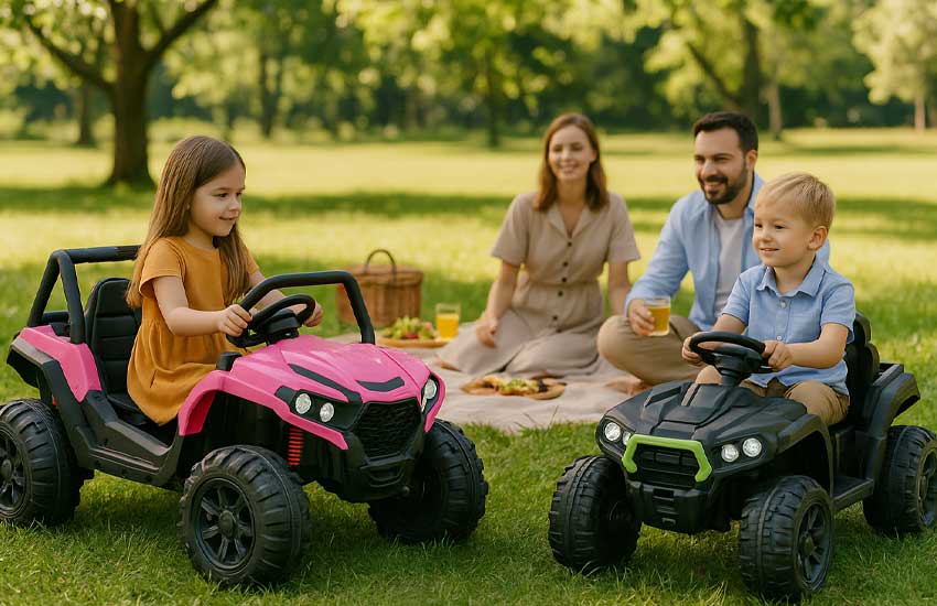Dzieci w samochodzikach na pikniku z rodzicami
