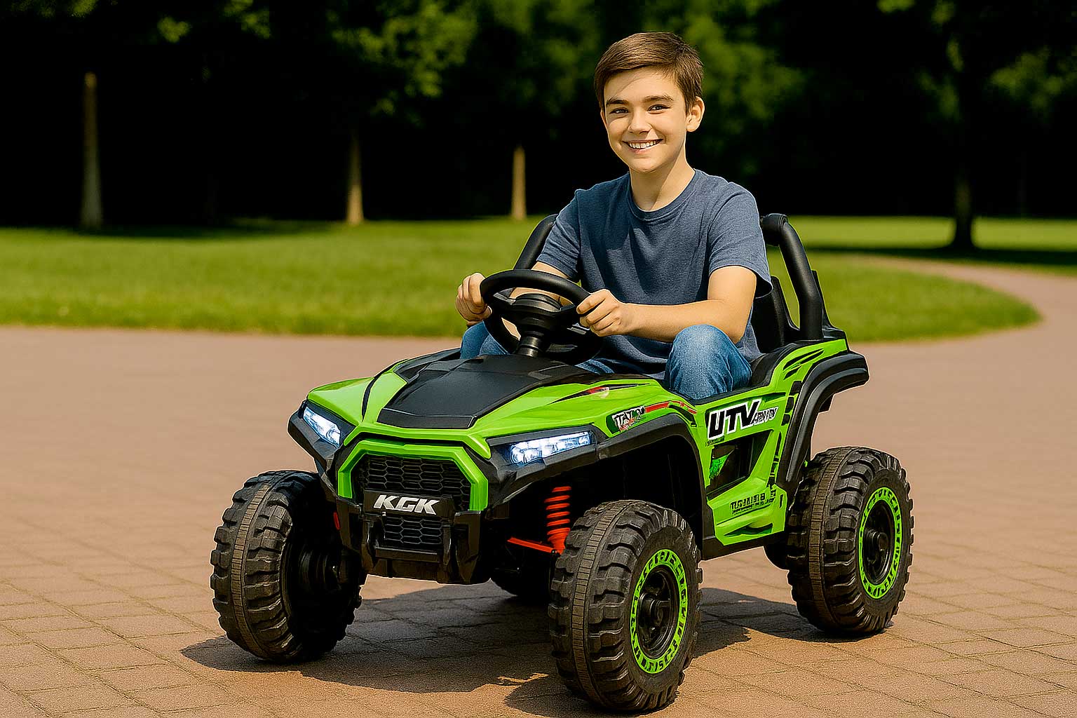 Uśmiechnięty chłopiec 8 lat w zielonym buggy 4x4 KCK na akumulator