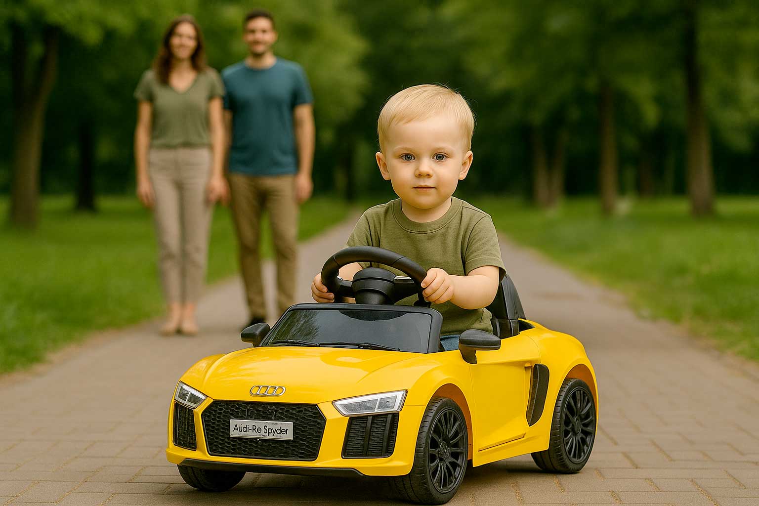 Trzylatek w żółtym samochodziku Audi R8 na akumulator