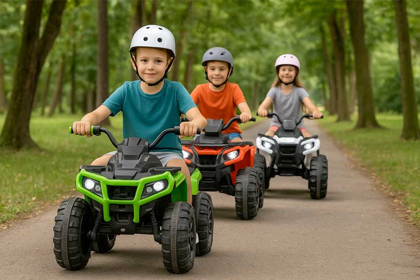 Dzieci jadą na quadach atv alejką parkową