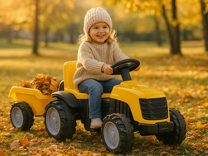 Traktorek z Przyczepą w jwsiennym ogrodzie